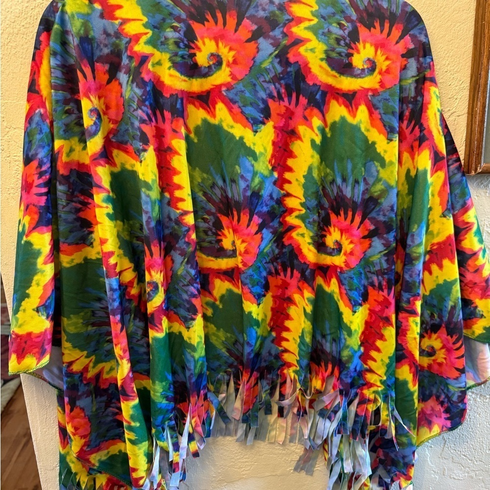 Vibrant Tie-Dye Fringe Top Hippie Costume Cape - Picture 8 of 11